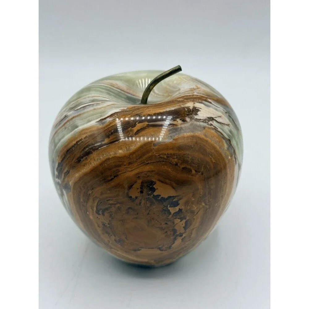Green Brown Onyx Apple Paperweight Carved Polished Solid Marble Natural Stone 4”